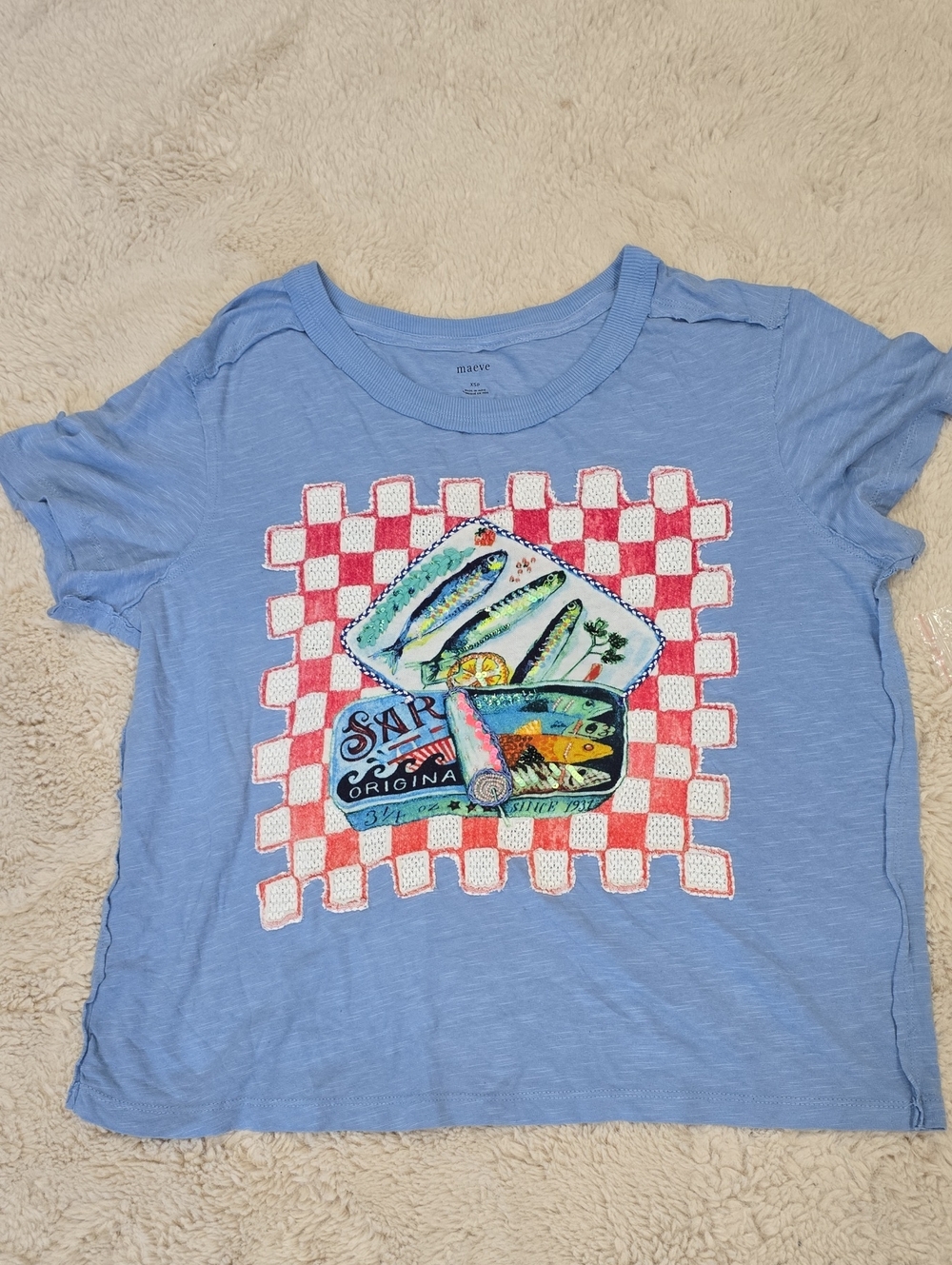 Maeve Light Blue Short Sleeve Graphic Tee with Multicolor Fish Print